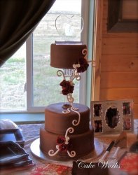 Chocolate Tiers with Red Roses White Scrolls