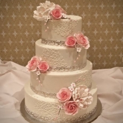 Scroll Pattern on Buttercream with Pink Sugar Flowers